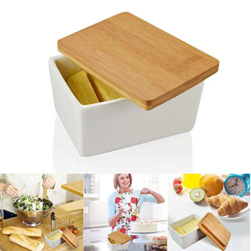 Butter Dish with Bamboo Lid Butter Keeper Porcelain Food Storage Container Candy Box Heat Resistant to 900 Degree Baking Dish Baker(500ml) - Thumbnail 2
