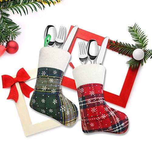 Vanteriam 7 inch Mini Christmas Stockings 12 Pack, Rustic Personalized Red and Green Plaid Design with Snowflake and Fleece Cuff, Great Addition to Holiday Decorations & Seasons Decor