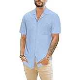 JEKAOYI Mens Cotton Linen Short Sleeve Shirts Cuban Camp Button Down Beach Vacation Tops with Pocket