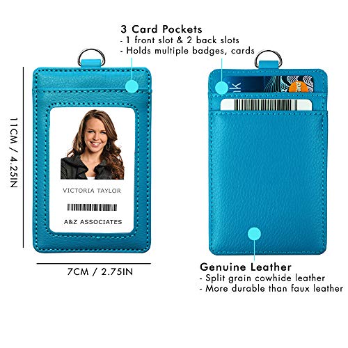 Genuine Leather ID Badge Holder Wallet with Heavy Duty Carabiner Retractable Reel, Key Ring and Metal Clip, 3 Card Pockets. Holds Multiple Cards & Keys. Key Chain Flashlight. Vertical. Carolina Blue