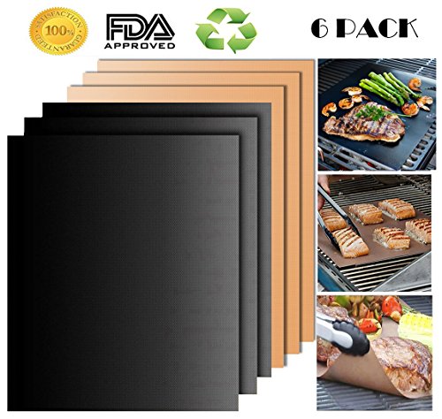 SCIONE Grill Mat, Non-Stick BBQ Grill Mat Set of 6 Barbecue Grilling Mats for Indoor Outdoor, Durable Portable Reusable FDA-Approved PFOA Free Black & Copper Grill Mat, No Mess Baking Mats