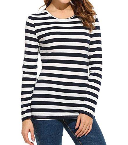 POGTMM Women's Casual O-Neck Long Sleeve Striped Pullover T-Shirt Tops (XL, Navy Blue)