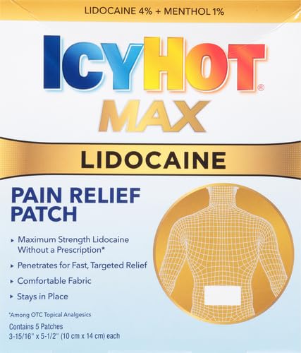 ICY HOT LIDOCAINE PAIN RELIEF PATCHES, NUMB AGGRAVATED NERVES WITH MAX STRENGTH LIDOCAINE 4% AND MENTHOL 1%, FAST-ACTING PAIN RELIEF FOR MINOR PAIN, BACKACHES, SPRAINS AND STRAINS, 5 CT.