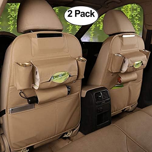 Yopria 2 Pack Car Seat Back Organizer Pocket Backseat Protector Storage Kick Mat Ipad Mini Holder Iphone Cup Holder Umbrella Tissue Box Great Travel Accessory PU Leather Beige