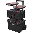 Keter Stack-n-Roll Modular Tools Organizer for Garage Storage and DIY, 4 Piece Resin Rolling Tool Box System for Small Parts, Black