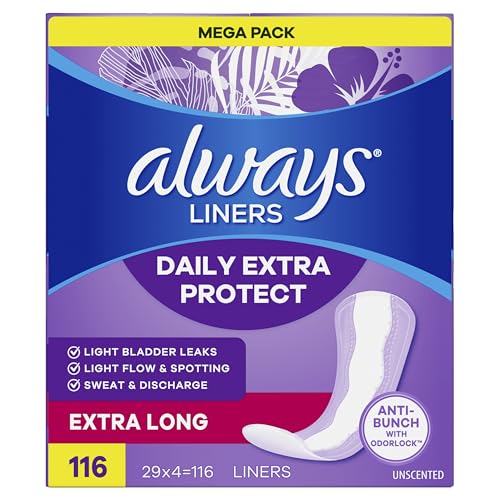 ALWAYS DAILY EXTRA PROTECT LINERS, EXTRA LONG LENGTH, UNSCENTED PANTY LINERS, FEEL CLEAN AND COMFORTABLE FOR UP TO 10 HOURS, 116 COUNT (PACKAGING MAY VARY)