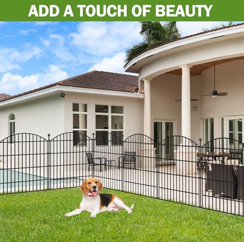 QLOFEI 10 Panels Garden Fences Animal Barrier Fencing - 32in(H) x24ft(L) with Lock - Metal Panel Border with Rustproof Coating - Decorative Cloture Jardin Dog Fence Outdoor for Yard, Flowers, Patio