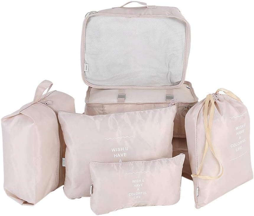 Packing Cubes Travel Sets 7Pcs Portable Cube Organizer Underwear Laundry Shoe & Toiletry Storage Bag(Beige)