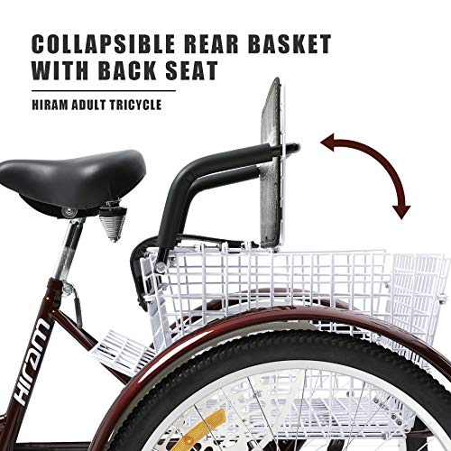 HIRAM Adult Tricycle with Rear Folding Basket, 24" Wheels Trike for Men and Women, Single Speed Large Cruiser Seat, Three Wheel Bike for Exercise, Recreation, Shopping, Back Seat and Bicycle Bell
