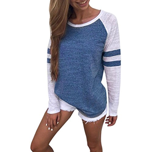 YANG-YI Fashion Hot Women Long Sleeve Splice Blouse Causal Tops T-Shirt O-Neck (XL, Blue)