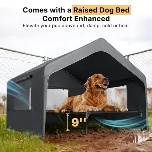 Veehoo Extra Large Dog House Outdoor with Elevated Dog Bed, Outside Dog Tent, Weatherproof Dog Shade Shelter and Raised Bed Combo for Pets or Stray Animals, Grey, 124L x 124W x 99H cm