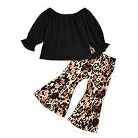 Shimigy Toddler Baby Girls Solid Tops T-Shirt+Leopard Print Flare Pants Outfits Sets Black