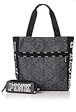 Victoria's Secret PINK Clay Grey Marl & Black Zip Tote Bag and Matching Tech Pouch with Silver Logo