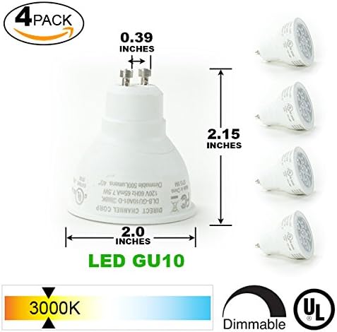 Direct-Lighting 7.5W Dimmable GU10 LED Bulbs, 500 lumen, 40° Beam Angle, Warm White, 3000K, UL Listed (Pack of 4)