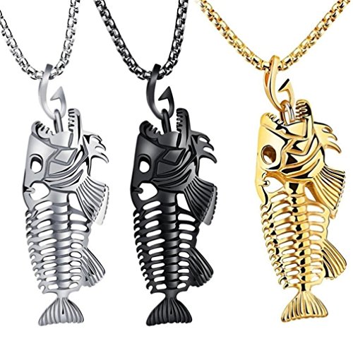 Long Sweater Chain Pendant Necklace Cuekondy Fish Bone & Fishing Hook Skeleton Stainless Steel Charm Statement Jewelry for Men Women Girls (Black)