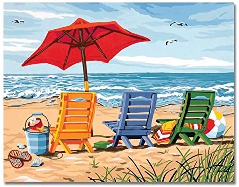 Morgofun DIY Painting Paint by Numbers Kit for Adult, Romantic Landscape Paint by Number Kits with Brushes Paint for Adults Painting on Canvas 16x20inch (Beach Chair Frameless)