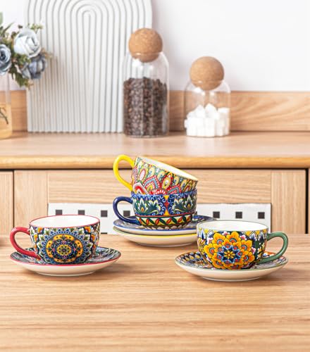 Porcelain Coffee Set, Set of 6 x 250 ml, Hand Painted, Set for 6 People, Includes Coffee Cups and Saucers