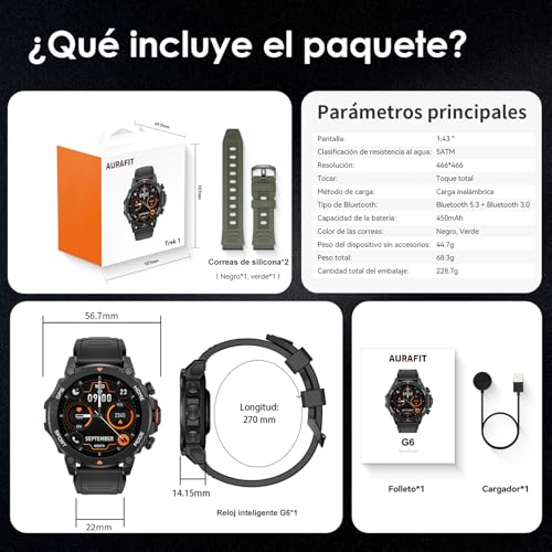 AURAFIT Reloj Inteligente Smartwatch 1.43 AMOLED, GPS Fitness Tracker,a 5ATM Impermeable, Llamadas Bluetooth, Reloj Deportivo Hombres, Incluye Correa Adicional Compatible con Android iOS