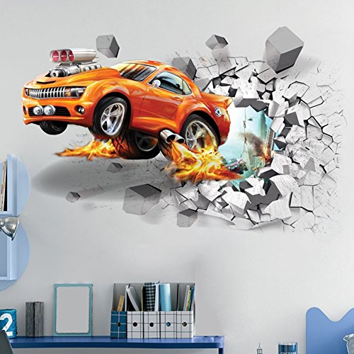 Catnew Fashion 3D Self-adhesive Car Break Through the Removable Wall Stickers Decals Room Bedroom Livingroom Decor