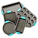 Bakeware Set -Premium Nonstick Baking Pans -Set of 5- Includes a Pie Pan, Square Cake Pan, Baking Pan, Bread Pan, Cup Cake Pan with Blue Silicone Hnadles By Intriom