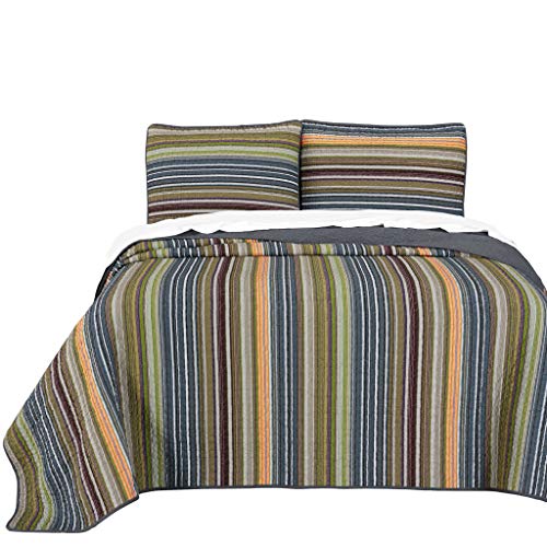 Chezmoi Collection Avery 3-Piece Multi-Color Striped 100% Washed Cotton Quilt Set Queen Size