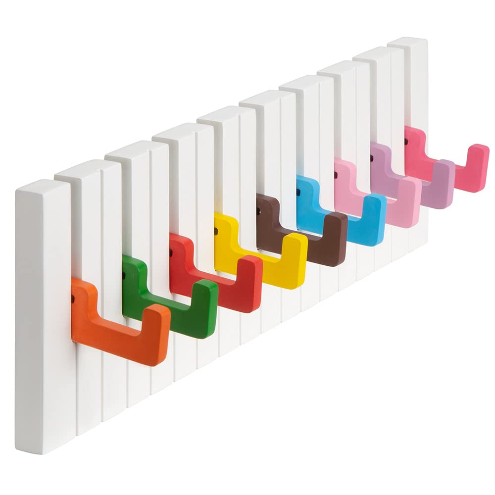 RICOO Children's Coat Hook, Piano Design, WM1885-LS, Fold-Out Coat Rack, 9 Hooks for Folding, Wooden Piano Colourful Coat Hooks for Children