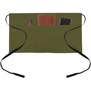 IRISDECOOOR Olive Green Half Waist Apron Solid Color Short Waiter Aprons with 3 Pockets for Women Men Kitchen Restaurant Cook