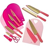 20-Piece Kitchen Cutlery Set, Pink and Gold Knife Collection with Cutting Boards and Mats, Professional Chef Knife Set with Blade Guards