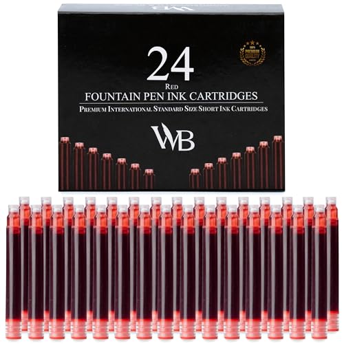 Wordsworth & Black 24 Pack Fountain Pen Ink Refills - Set of 24 Red Ink Cartridges - International Standard Size - Length APPR 2.3" - Base Diameter APPR 0.24" - Disposable and Generic