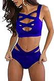 Womens Bandage Sexy Bathing Suits Hollow Out Designed Swimsuits Bikini Set Blue L