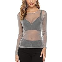 CERYIWER Women's Sexy See Through Shirts Long Sleeve Glitter Mesh