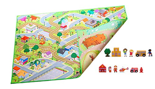 Kids Double Sided Felt Play Mat Bundle - 2 in 1 City & Farm, Indoor/Outdoor, Machine Washable 59" L x 39" W with Wooden School and firestation Accessories