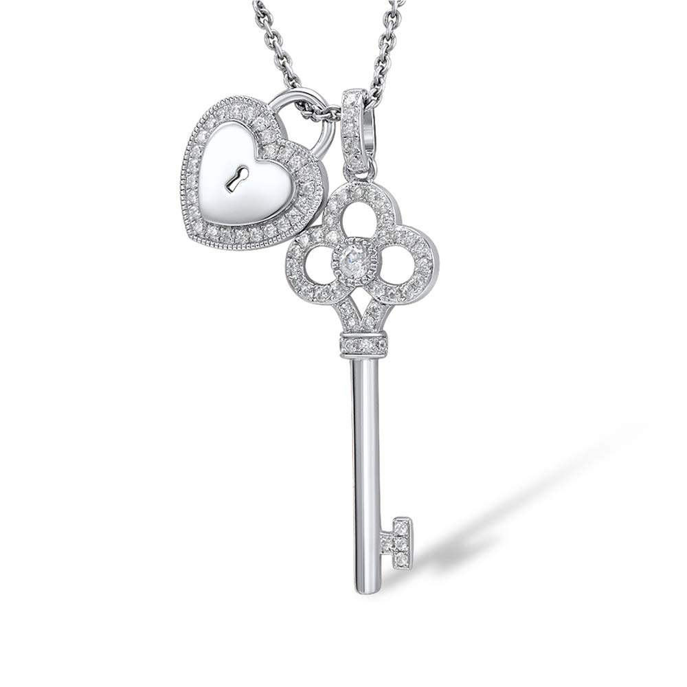 Namana Women's 925 Sterling Silver Heart & Key Necklace. 18'' Adjustable Chain with Cubic Zirconia. Elegant Gift Box