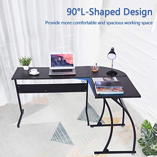 L-Shaped Home Office Corner Desk - 43"PC Monitors Computer Desk, Corner Table with Simple Modern Design for Easy Assembling, Shiny Surface Scratch Resistant Tabletop, Modern Black - Thumbnail 4