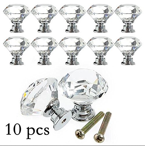 Yazer 10PCS Diamond Shape Crystal Glass 30mm Drawer Knob Pull Handle Used for Drawer Wardrobe Cabinet Cupboard