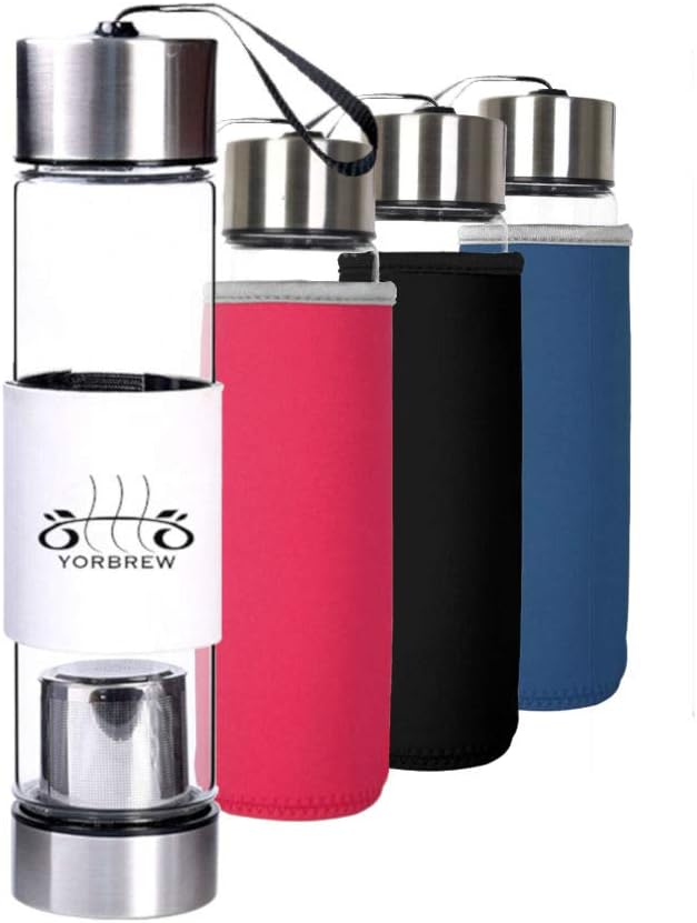 YorBrew Tea Tumbler Water Bottle 400ml with Removable Tea/Fruit Infuser & Black Nylon Sleeve, Suitable for Loose Tea Leaf or Brewing Iced Tea