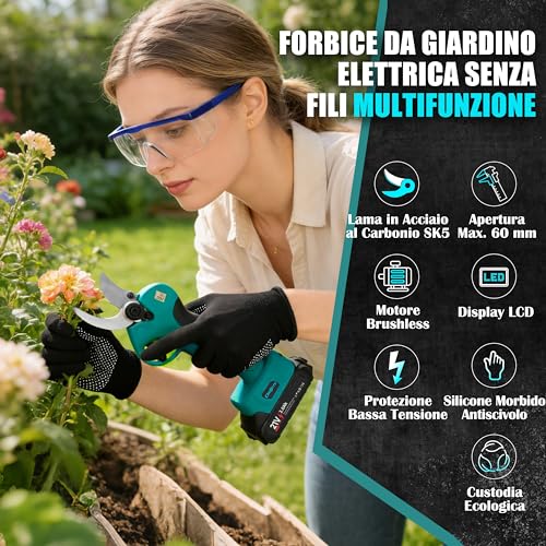 Cheffery Electric Pruning Shears, 60 mm Professional Electric Pruning Shears with Steel Blade SK5 800W Brushless Motor LCD Screen, Electric Scissors for Garden Farm (With Battery)