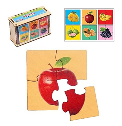 RK Cart Fruits Simple Puzzles for Kids, 4 Piece Wooden Jigsaw Fun Learning Toys, Set of 6