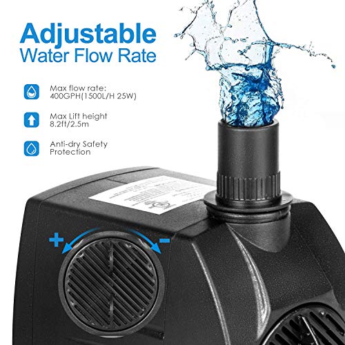 AsFrost Fountain Pump, 400GPH Submersible Water Pump, 25W Outdoor Water Fountain Pond Pump with 8.2ft High Lift, 3 Nozzles for Aquarium, Pond, Fish Tank, Water Pump Hydroponics, Backyard Fountain