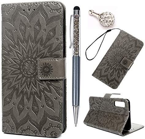 Samsung Galaxy A7 2018 Case, PU Leather Sun Flower Embossed Wallet Stand Folio Flip Cover Cases TPU Bumper Magnetic Clasp Kickstand Function with Card Holders & Hand Strap,Gray