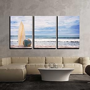 3 Piece Canvas Wall Art - Surfboard and Ball on Empty Beach Against Blue Sky and Turquoise Ocean - Modern Home Art Stretched and Framed Ready to Hang - 16"x24"x3 Panels