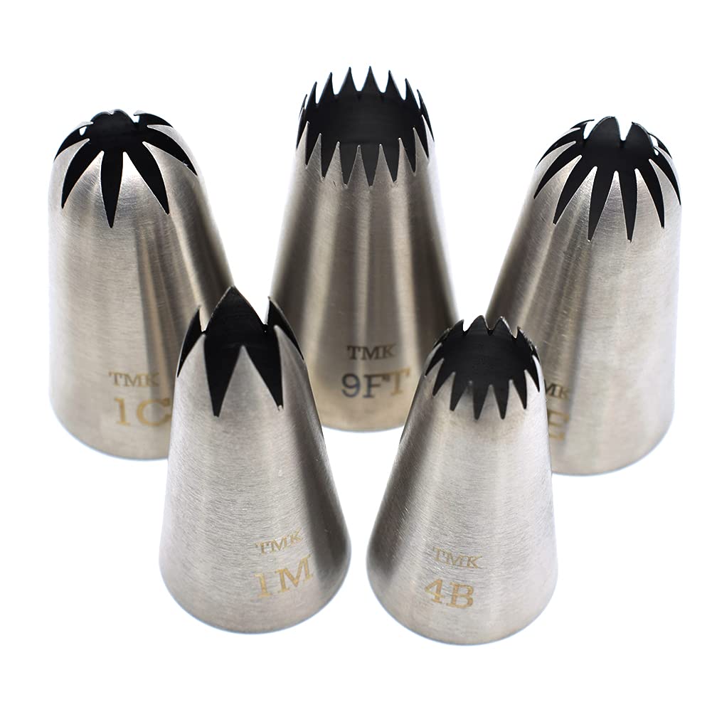 5 Pack Stainless Steel Seamless Piping Icing Tips #9FT 1C 1E 1M 4B, Large Star Piping Nozzle, Cake Decorating Tools for Baker
