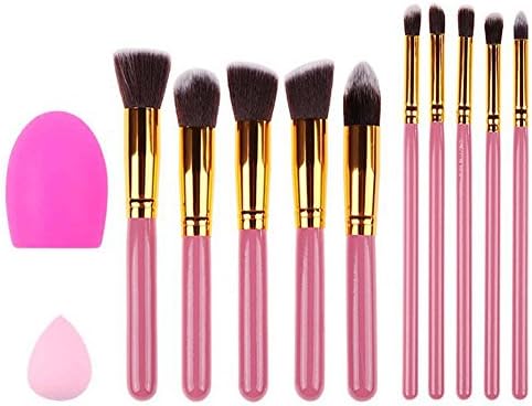 Makeup Brushes Set 10pcs Premium Lip Makeup Brush Kit Professional Face Eye Shadow Eyeliner Foundation Cosmetic Blending Brush Tool with 1pc Pink Makeup Sponge Brush Egg Cleaner