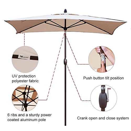 SORARA Patio Umbrella Rectangular Outdoor Market Table Umbrella with Push Button Tilt&Crank&Umbrella Cover, 6.5' x 10', Antique Beige