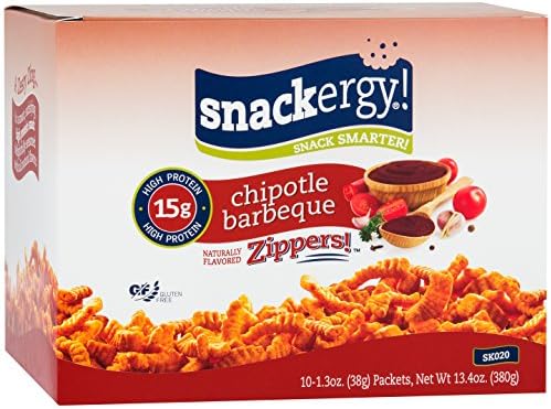 Snackergy Zippers High Protein Snacks - Chipotle Barbeque, 1.3 oz (10 Servings/Box) - Gluten Free, Trans Fat Free, Cholesterol Free