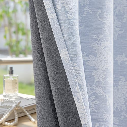 Fmfunctex Blue Floral Jacquard Blackout Curtains for Living Room 90 inch Scroll Flower Curtains for Bedroom Thermal Insulated Chenille Eyelet Curtain Room Darkening Window Curtain Drapes 2 Panels
