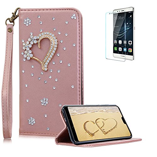 Funyye Bling Rhinestone Case for Huawei P20 Pro,Luxury Love Heart Crystals 3D Diamond Design Strap Magnetic Flip Soft Wallet Case with Stand Card Holder Slots PU Leather Case for Huawei P20 Pro