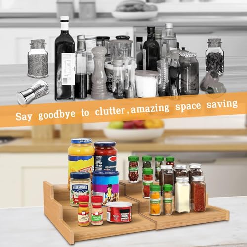 Keqin 3 Tier Expandable Bamboo Spice Rack Organizer for Cabinet, Kitchen, Cupboard, Pantry Storage Shelf