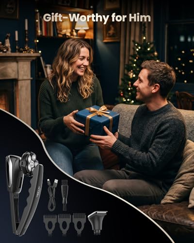 VIKICON Men's Back Razor: 2-in-1 Electric Body Razor with 6D Shaving Head, Folding Handle for Back Shaving, Waterproof Bodygroom for Body, Face, Head - Care Set for Men, Silver