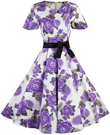 Budding Joy Elegant Dresses, Vintage Classy Floral Short Sleeve Party Picnic Party Cocktail Dress With Ribbon Belt (XX-Large, White &amp; Purple Flowers)